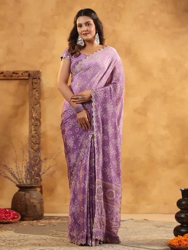 Purple printed silk saree for festive gatherings