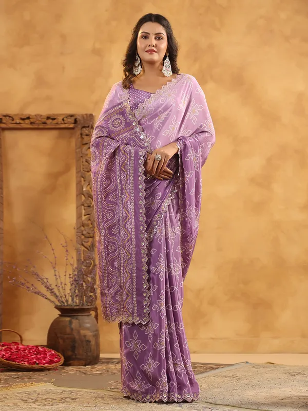 Purple printed silk saree for festive gatherings