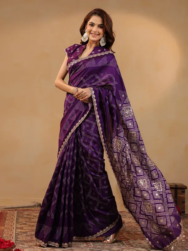 Purple printed silk saree with aabla and resham work