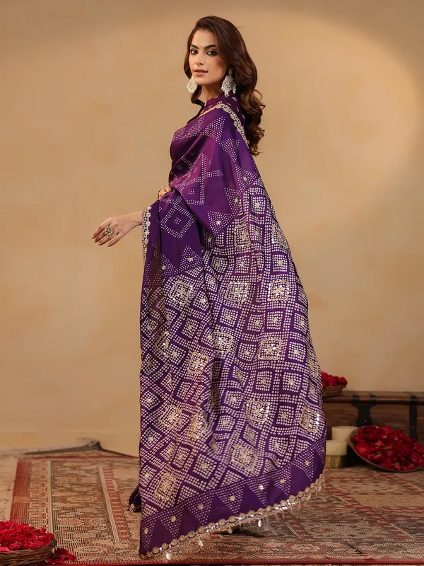 Purple printed silk saree with aabla and resham work