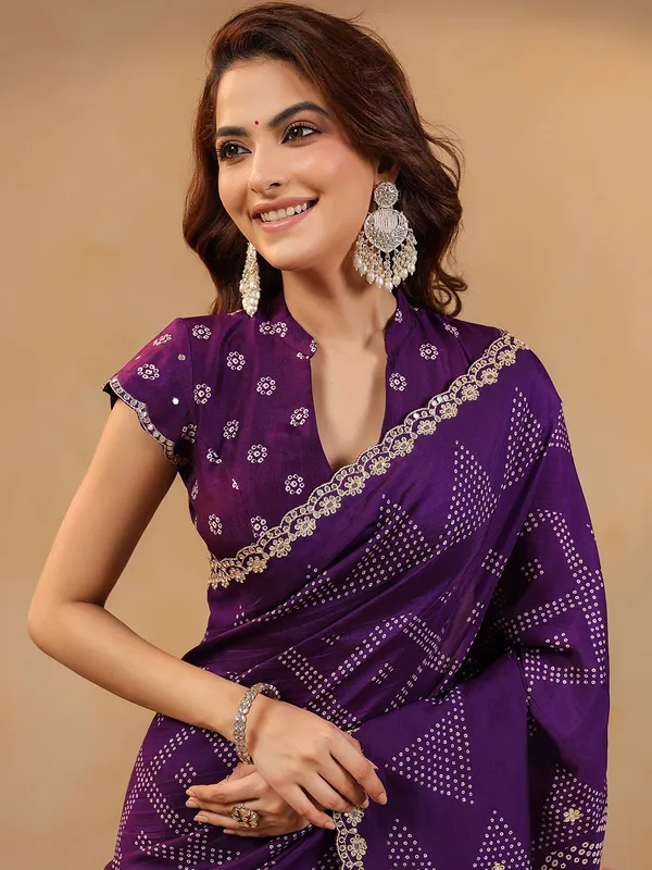 Purple printed silk saree with aabla and resham work