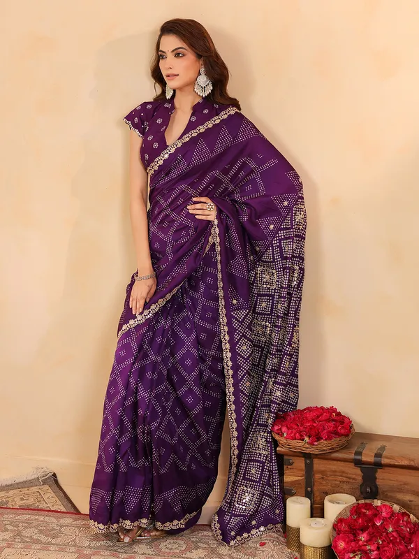 Purple printed silk saree with aabla and resham work