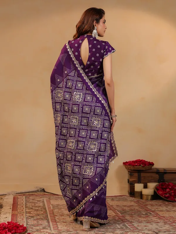 Purple printed silk saree with aabla and resham work