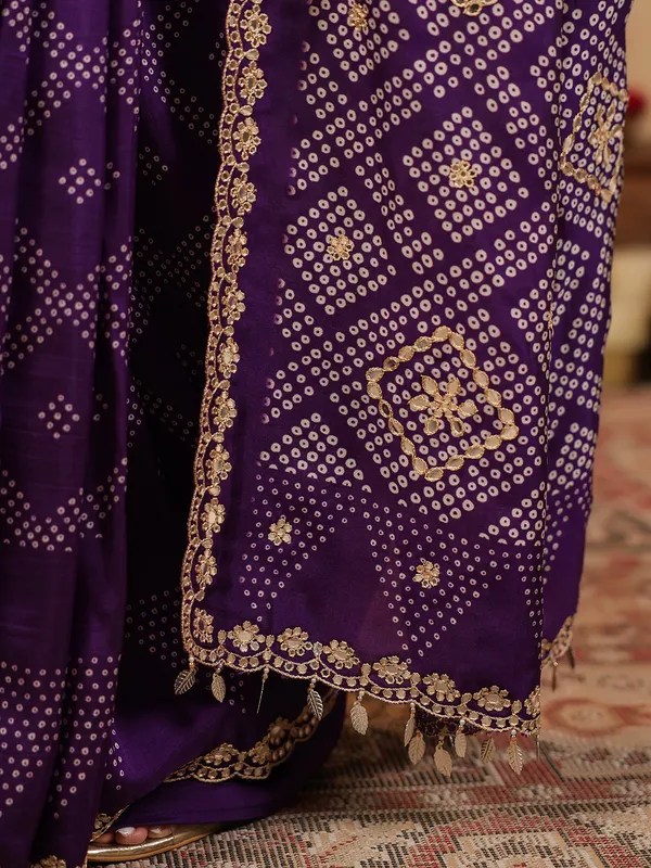 Purple printed silk saree with aabla and resham work