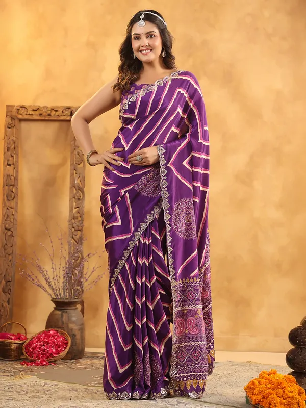 Purple printed silk saree with shimmering sequins