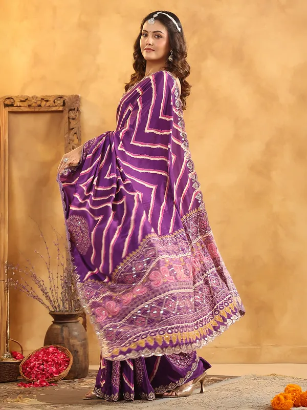 Purple printed silk saree with shimmering sequins