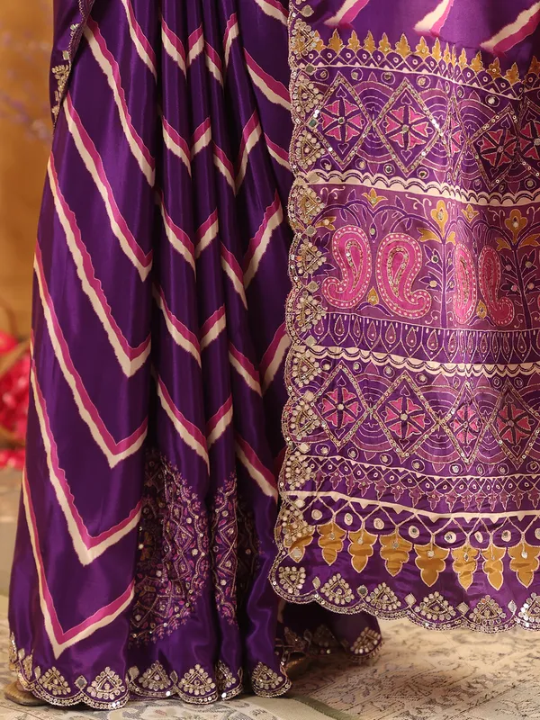 Purple printed silk saree with shimmering sequins