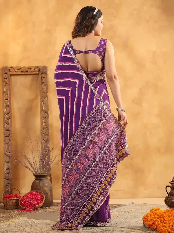 Purple printed silk saree with shimmering sequins