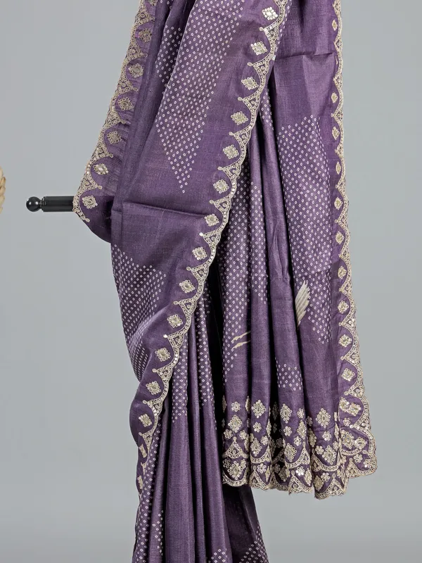 Purple printed silk saree with V neck blouse