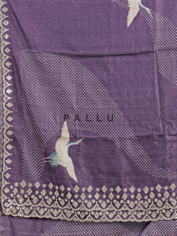 Purple printed silk saree with V neck blouse