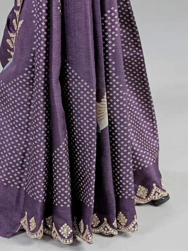 Purple printed silk saree with V neck blouse
