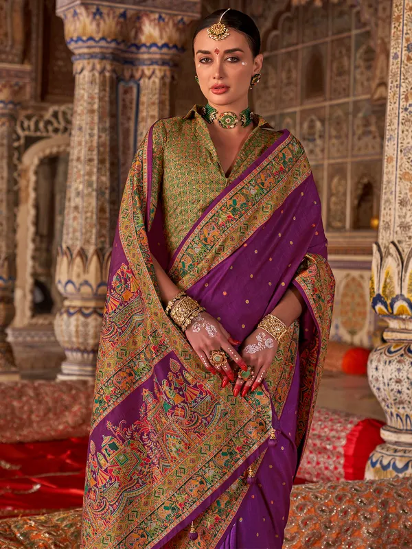Purple printed silk saree with zari work