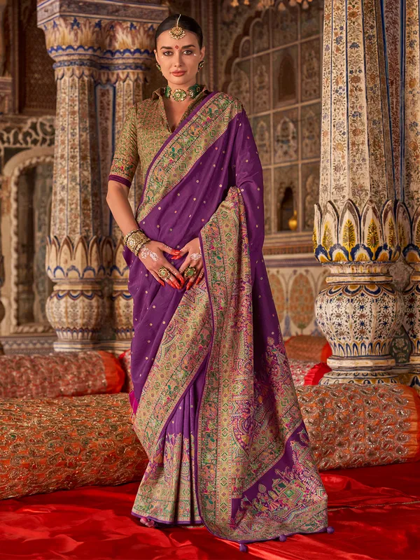 Purple printed silk saree with zari work