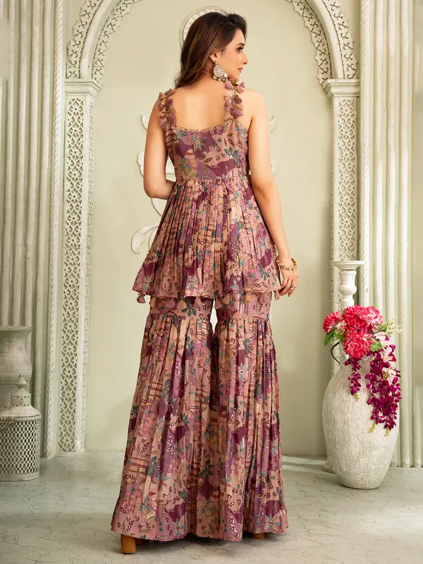 Purple printed silk sharara Suit with coin and mirror work