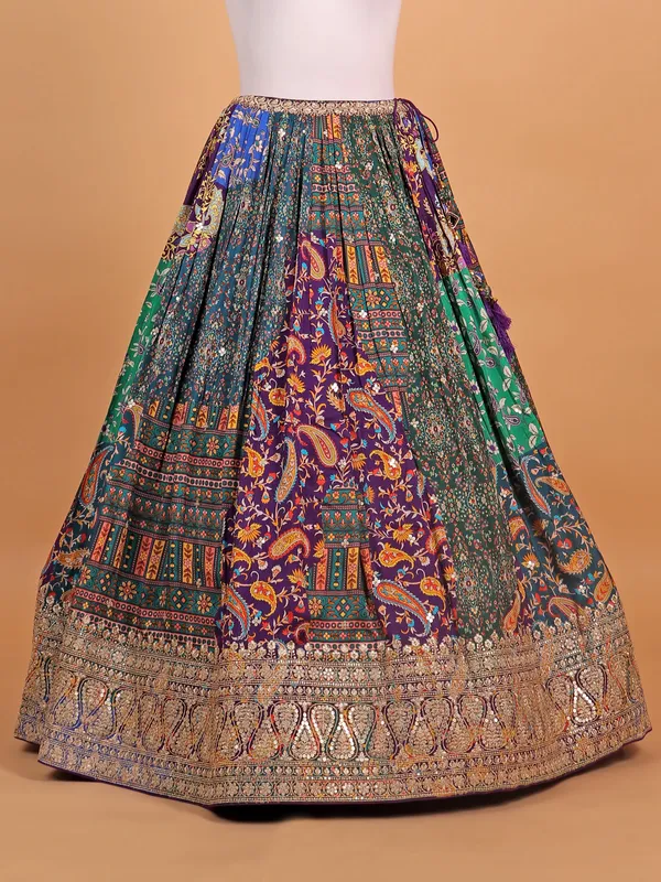 Purple printed silk sweet heart choli suit