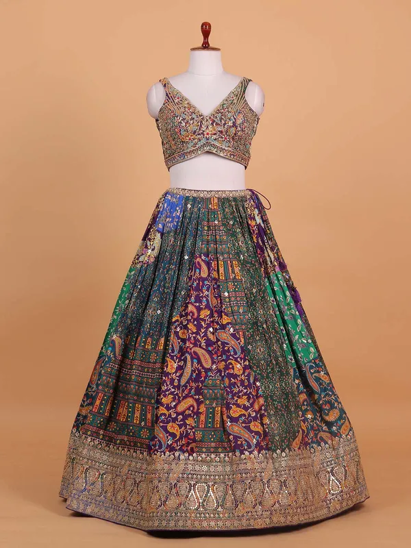 Purple printed silk sweet heart choli suit