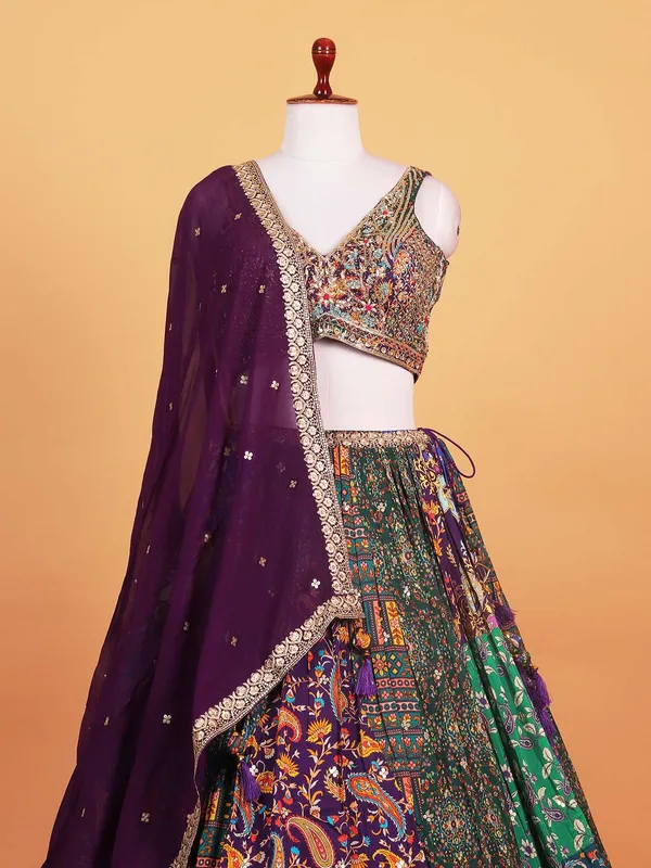 Purple printed silk sweet heart choli suit
