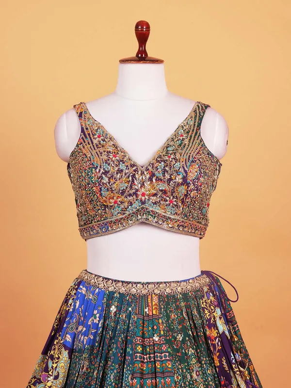 Purple printed silk sweet heart choli suit