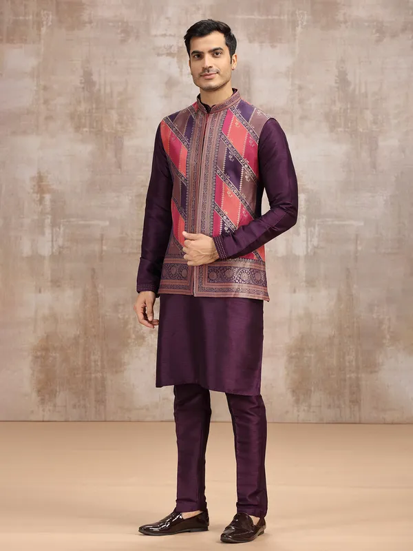 Purple printed silk waistcoat set for weddings