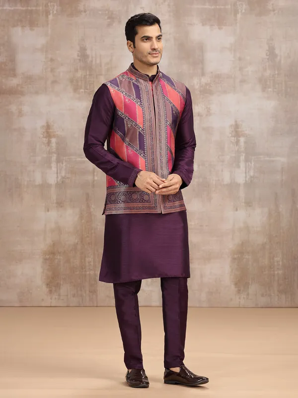 Purple printed silk waistcoat set for weddings