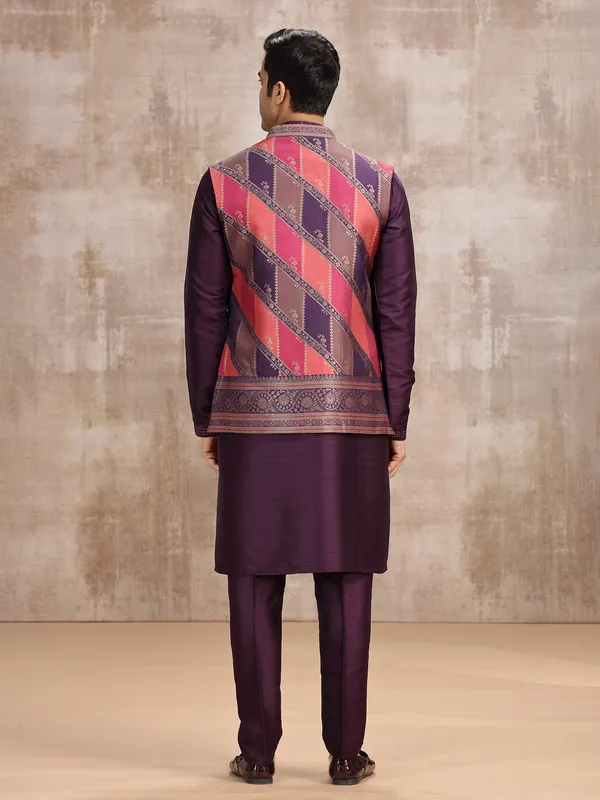 Purple printed silk waistcoat set for weddings