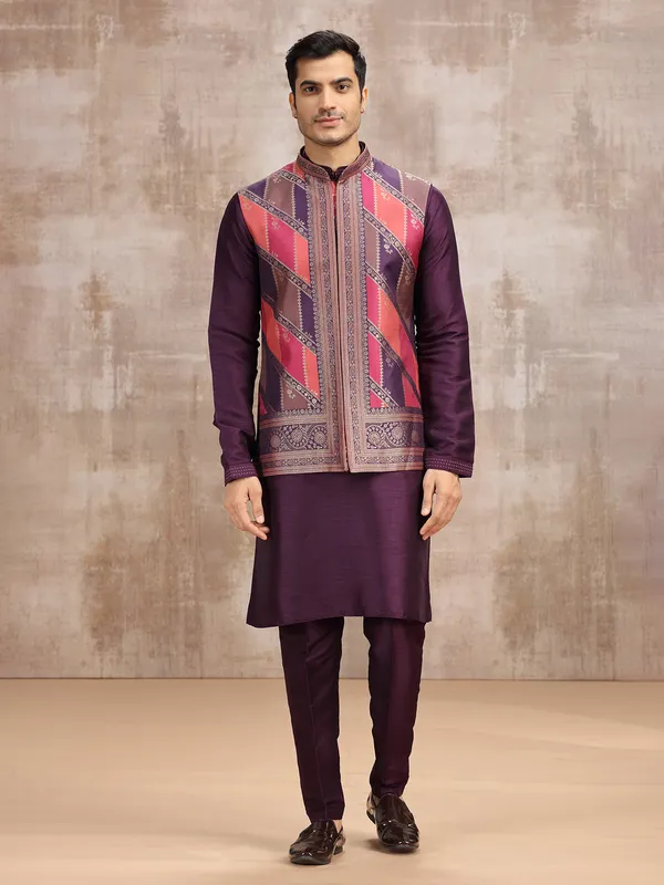 Purple printed silk waistcoat set for weddings
