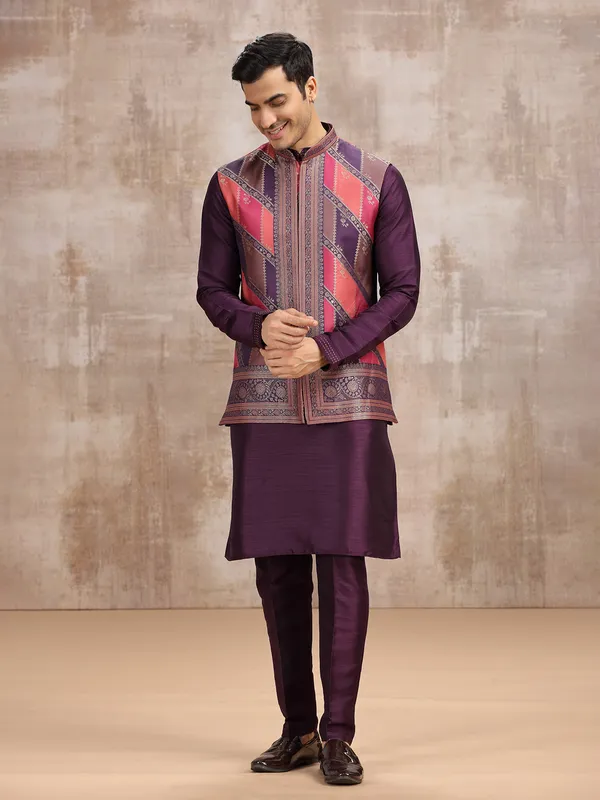 Purple printed silk waistcoat set for weddings