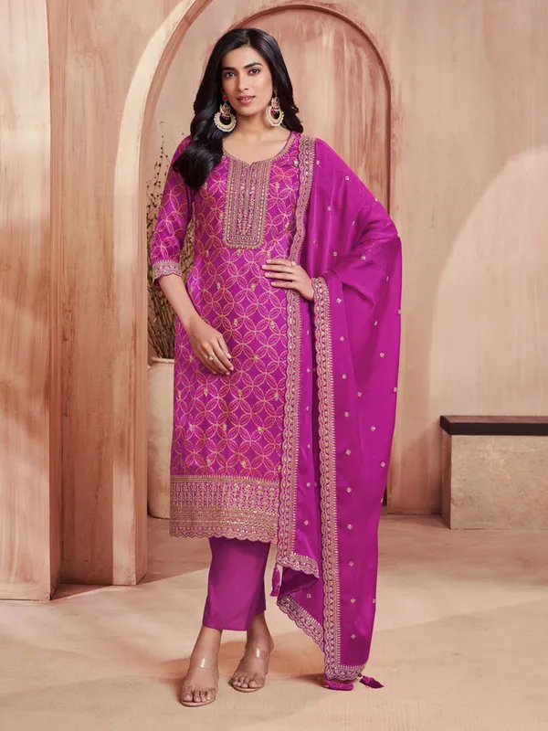Purple printed straight cut silk festive kurti set