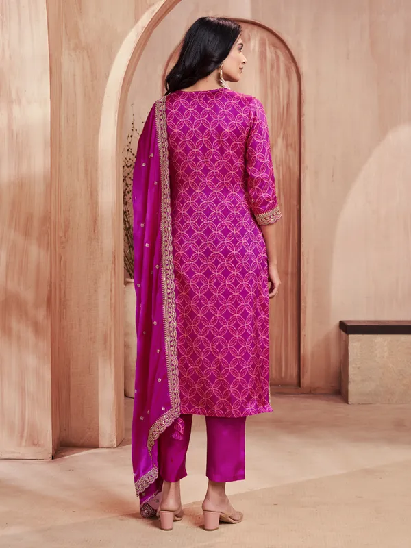 Purple printed straight cut silk festive kurti set