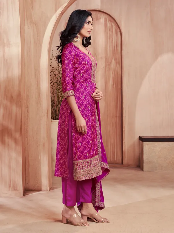 Purple printed straight cut silk festive kurti set