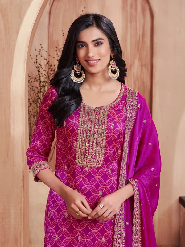 Purple printed straight cut silk festive kurti set