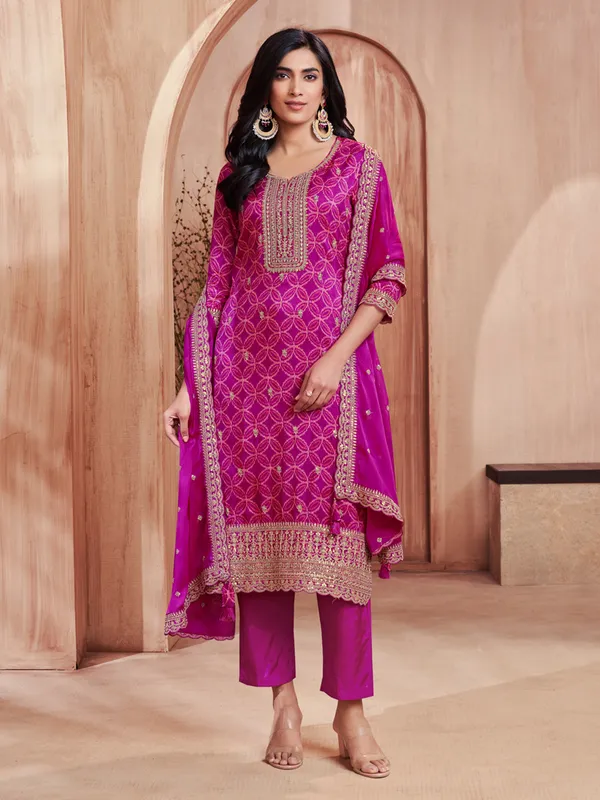 Purple printed straight cut silk festive kurti set