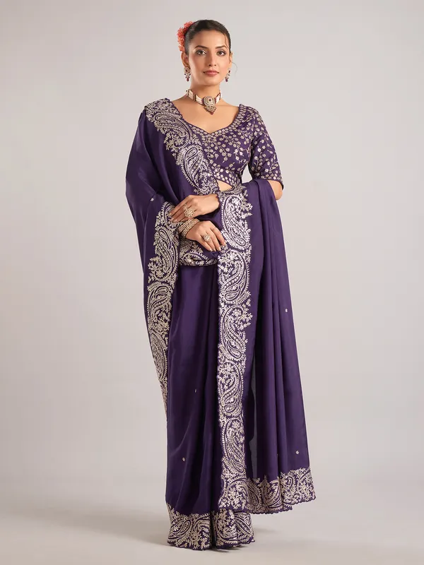 Purple pure dola silk saree with mirror embellishments