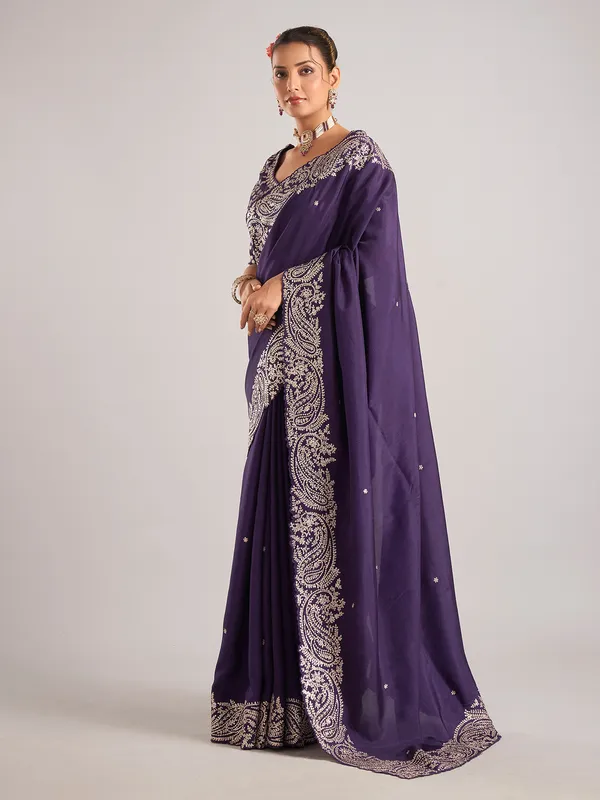Purple pure dola silk saree with mirror embellishments