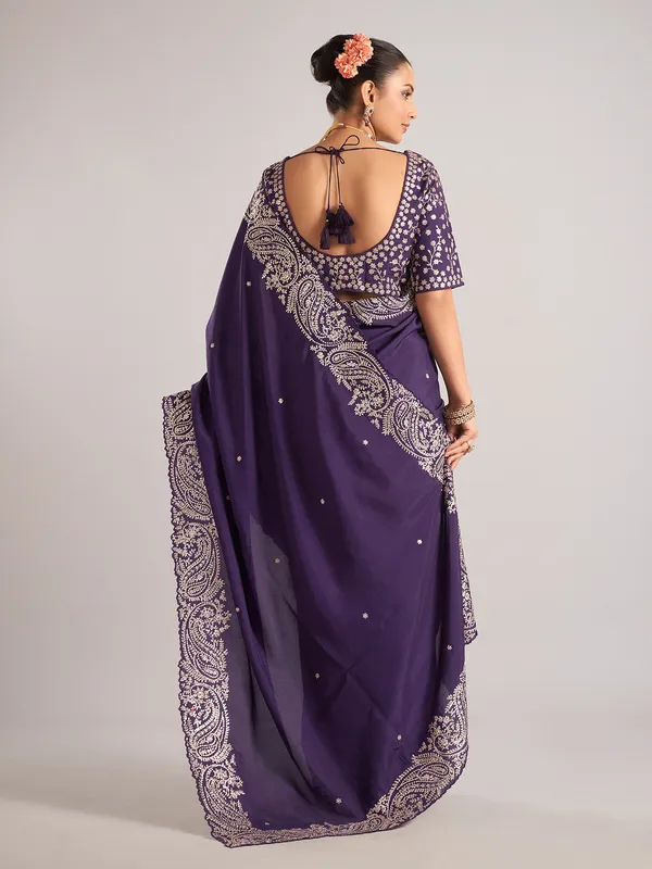 Purple pure dola silk saree with mirror embellishments