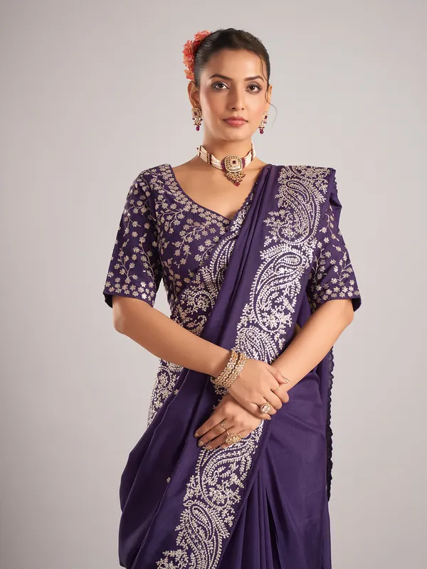 Purple pure dola silk saree with mirror embellishments