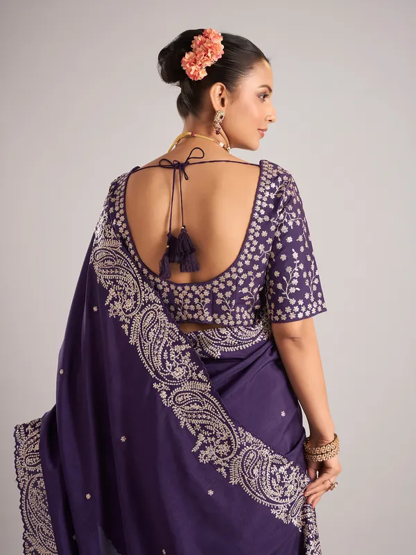 Purple pure dola silk saree with mirror embellishments