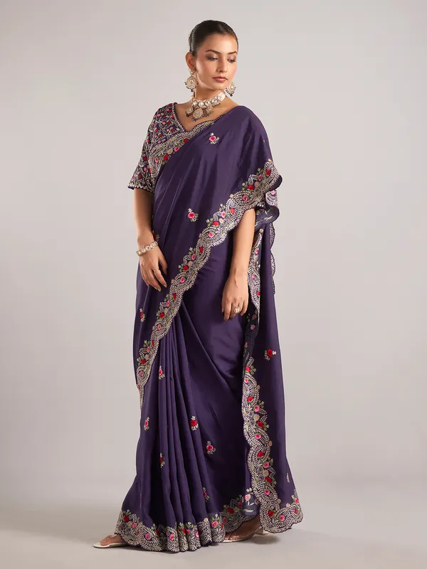 Purple pure dola silk saree with ready made blouse