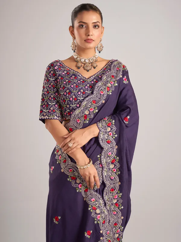 Purple pure dola silk saree with ready made blouse