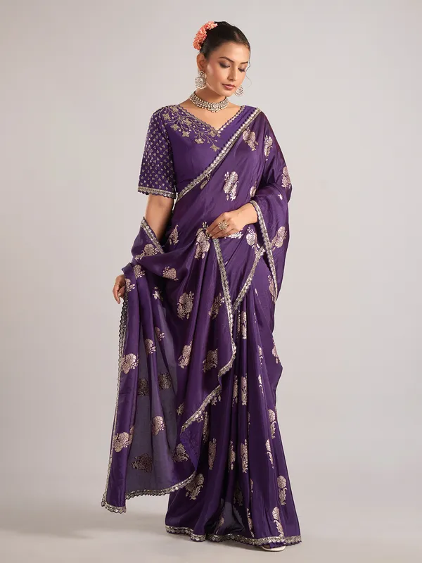 Purple pure dola silk saree with zardosi and zari