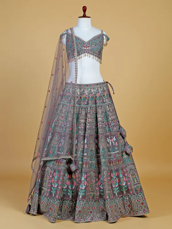 Purple raw silk embroidery lehenga choli