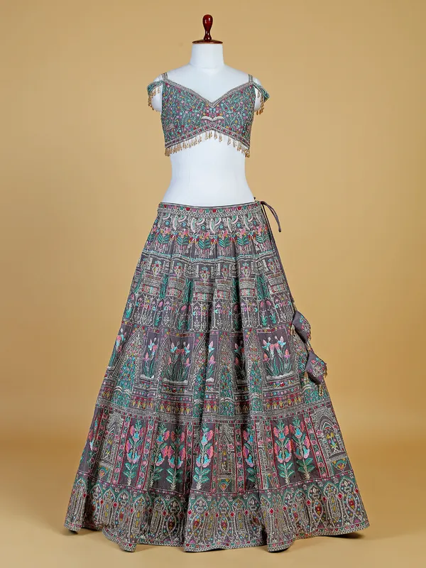 Purple raw silk embroidery lehenga choli