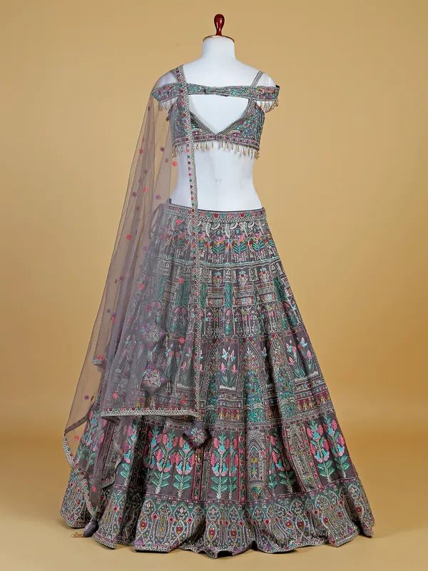 Purple raw silk embroidery lehenga choli