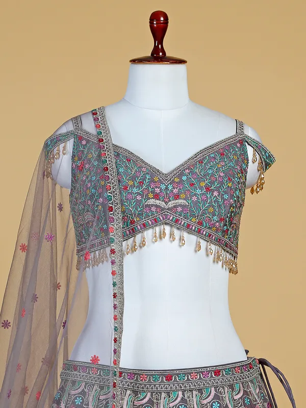Purple raw silk embroidery lehenga choli