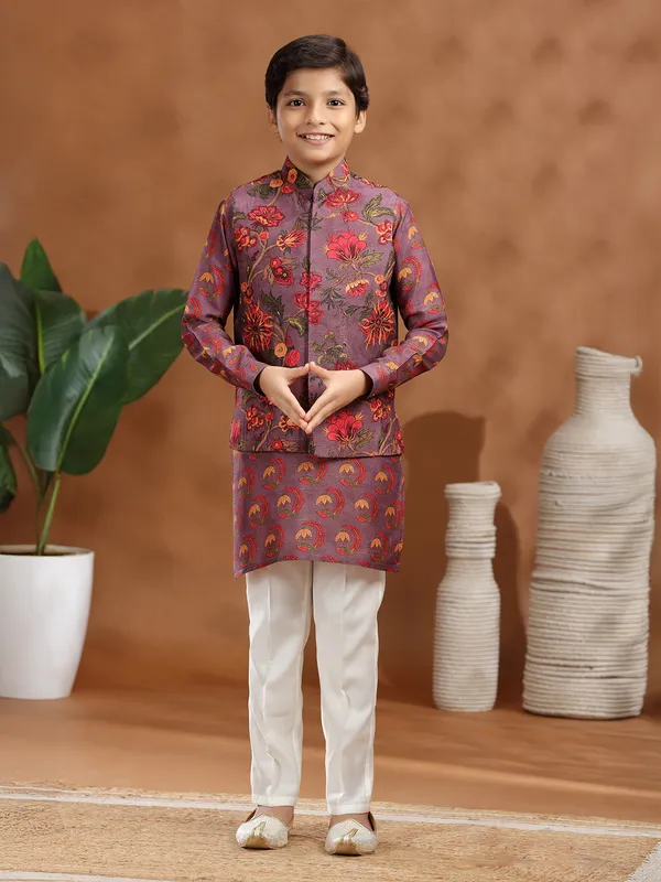 Purple raw silk printed waistcoat set for boys