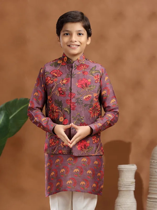 Purple raw silk printed waistcoat set for boys