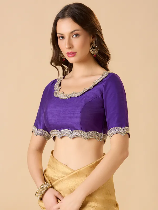 Purple raw silk ready made blouse with resham work