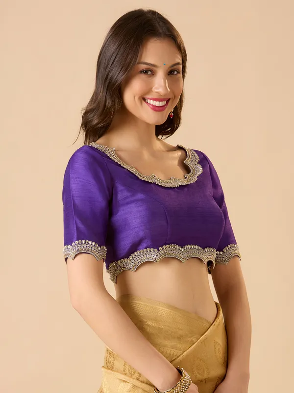 Purple raw silk ready made blouse with resham work