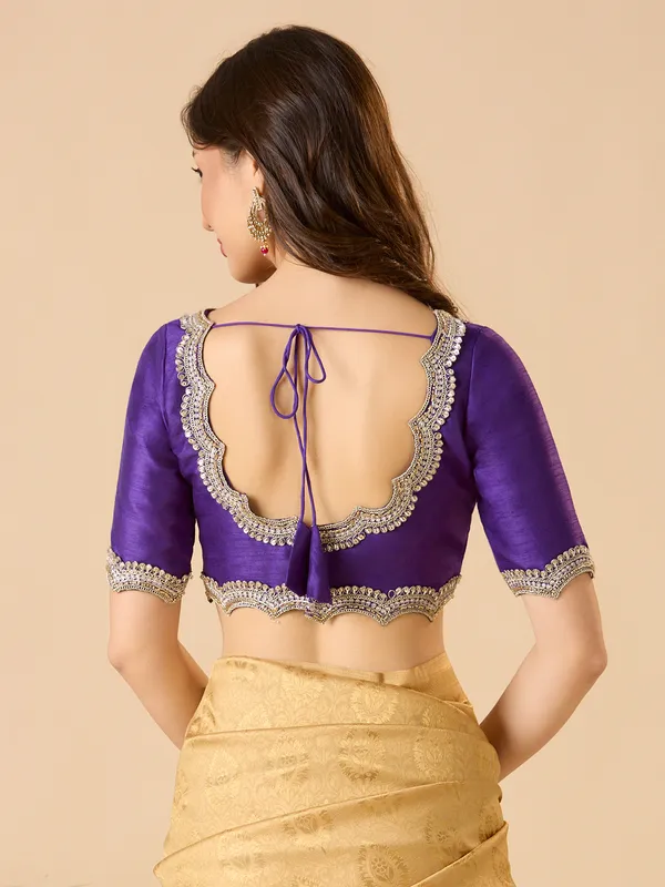 Purple raw silk ready made blouse with resham work