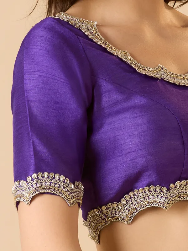 Purple raw silk ready made blouse with resham work